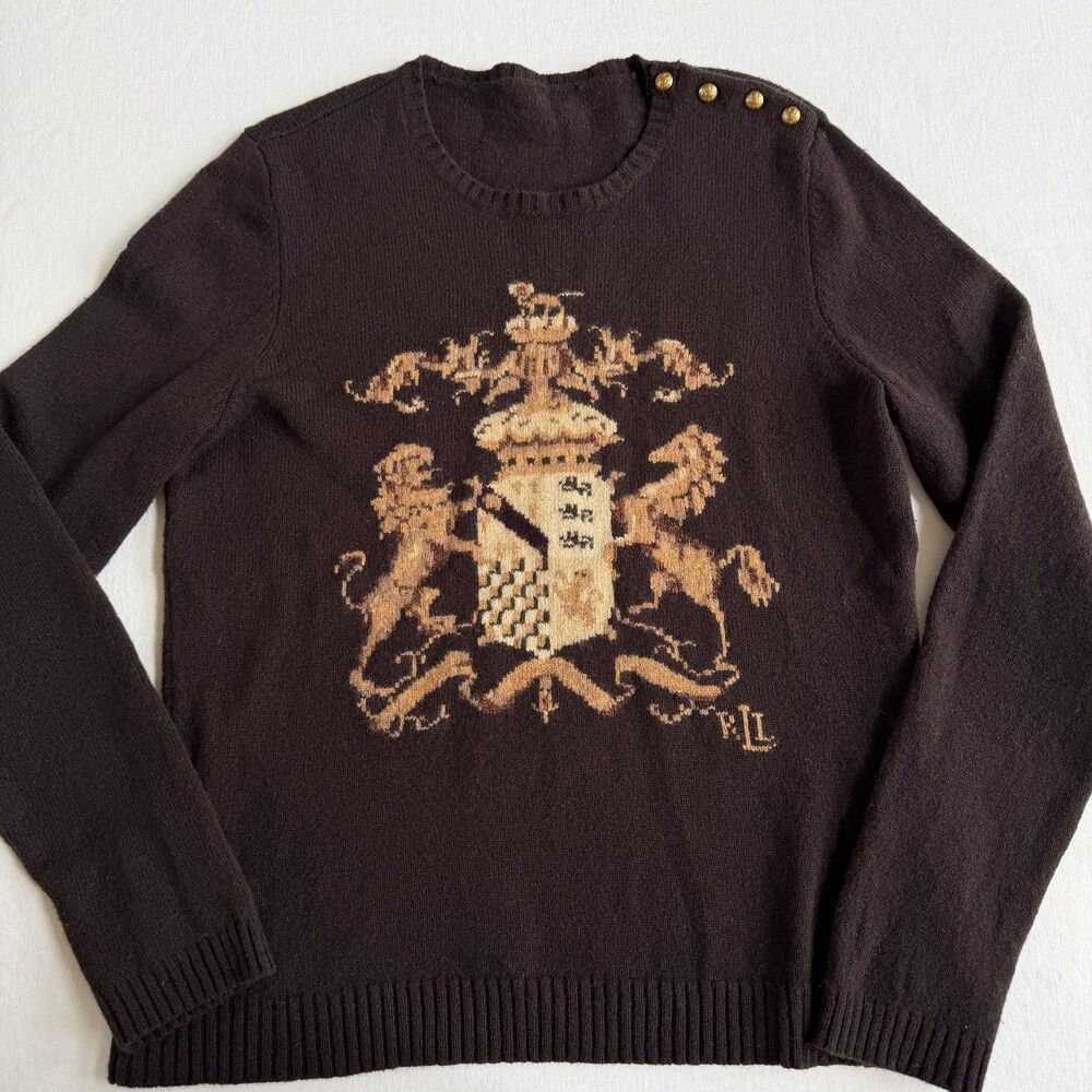 Vintage Ralph Lauren Sweater Womens Large Equestrian Lambswool Lion Horse Crest